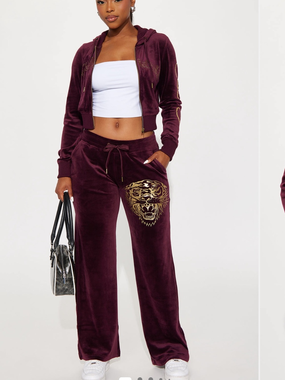 Ed Hardy Burgundy Velour Hoodie with Gold Tiger Back Graphic